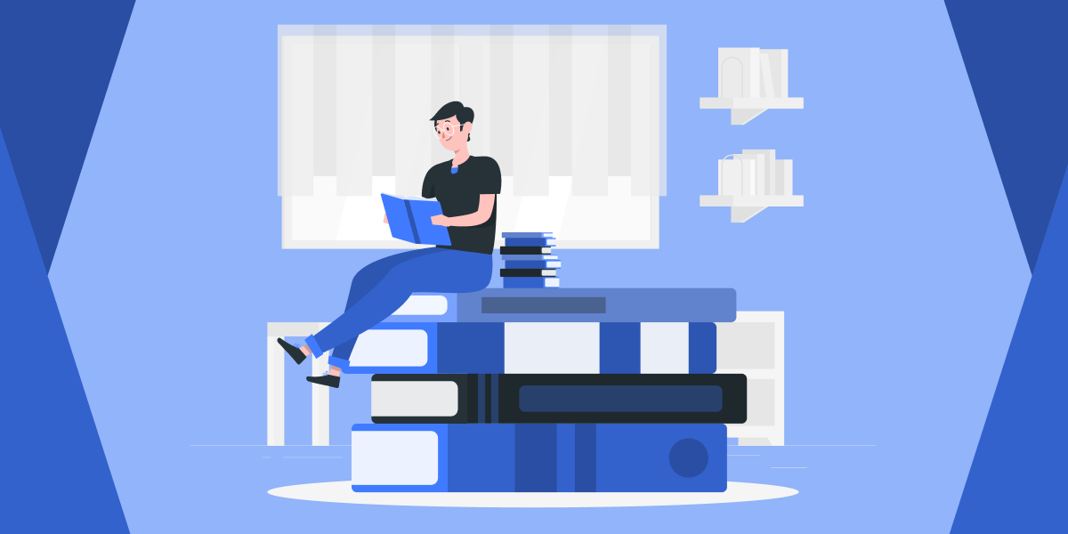 Illustration of a pile of books and a man reading sitting on top.