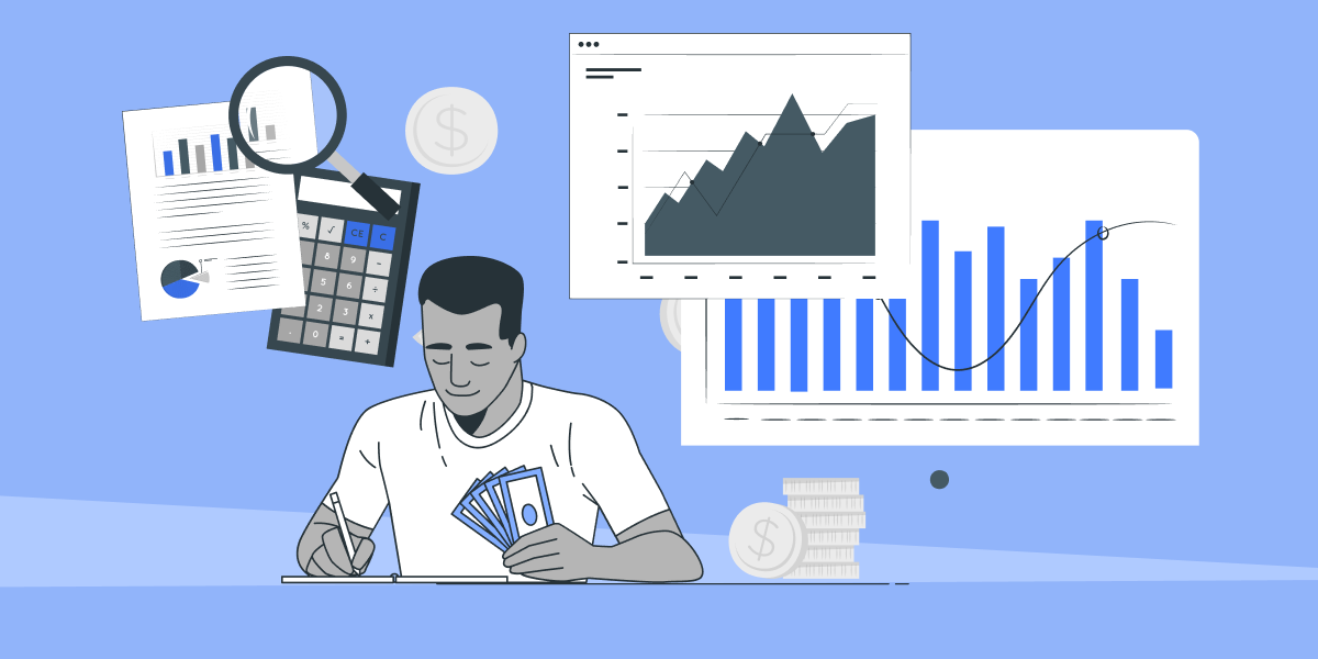 Illustration of a man writing and holding money, beside him are calculators, magnifying lens and graphs. 