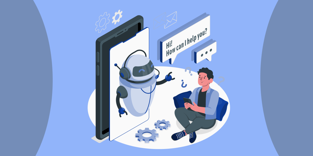 Illustration of a man sitting in front of a big screen. Inside the big screen is a chat bot