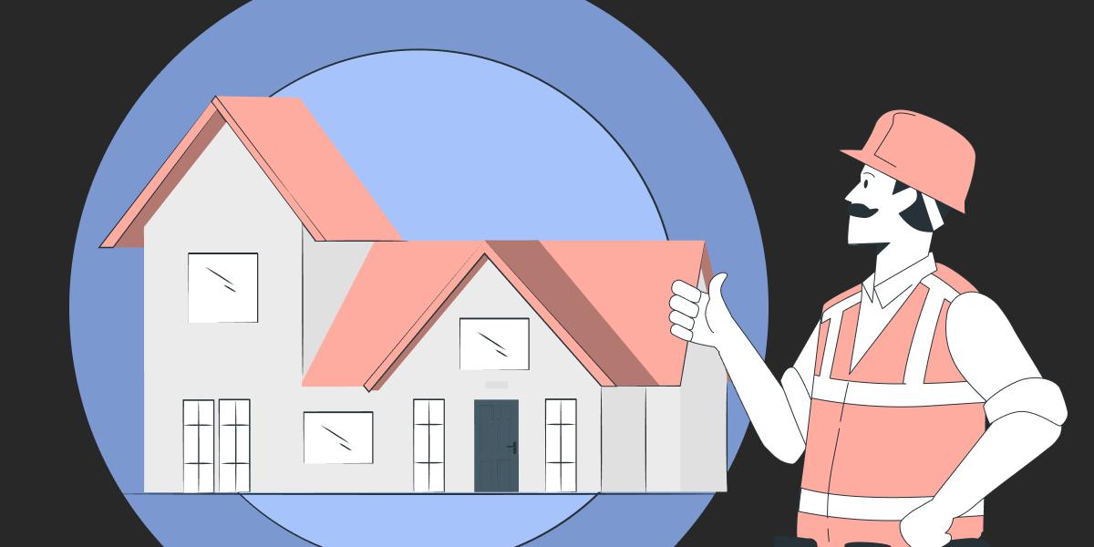 Illustration of a man wearing safety vest and hat pointing to a house.
