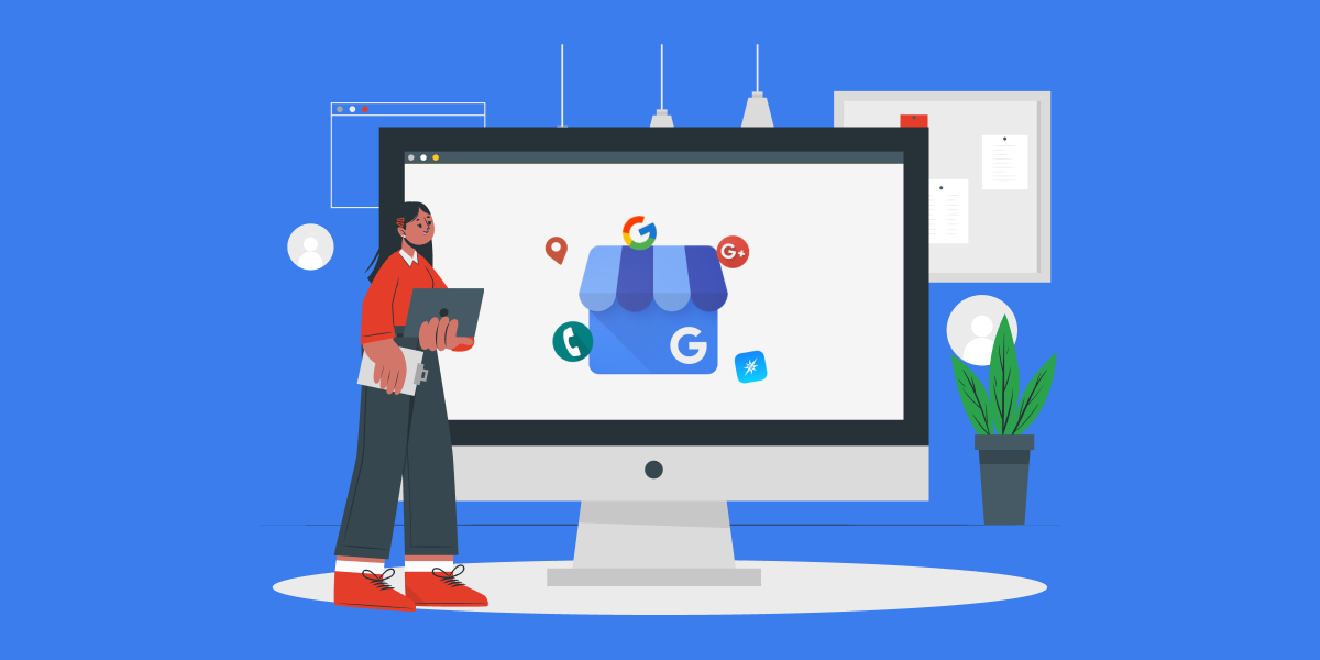 Illustration of a woman holding a laptop, and clipboard, beside a monitor with Google logo display. 