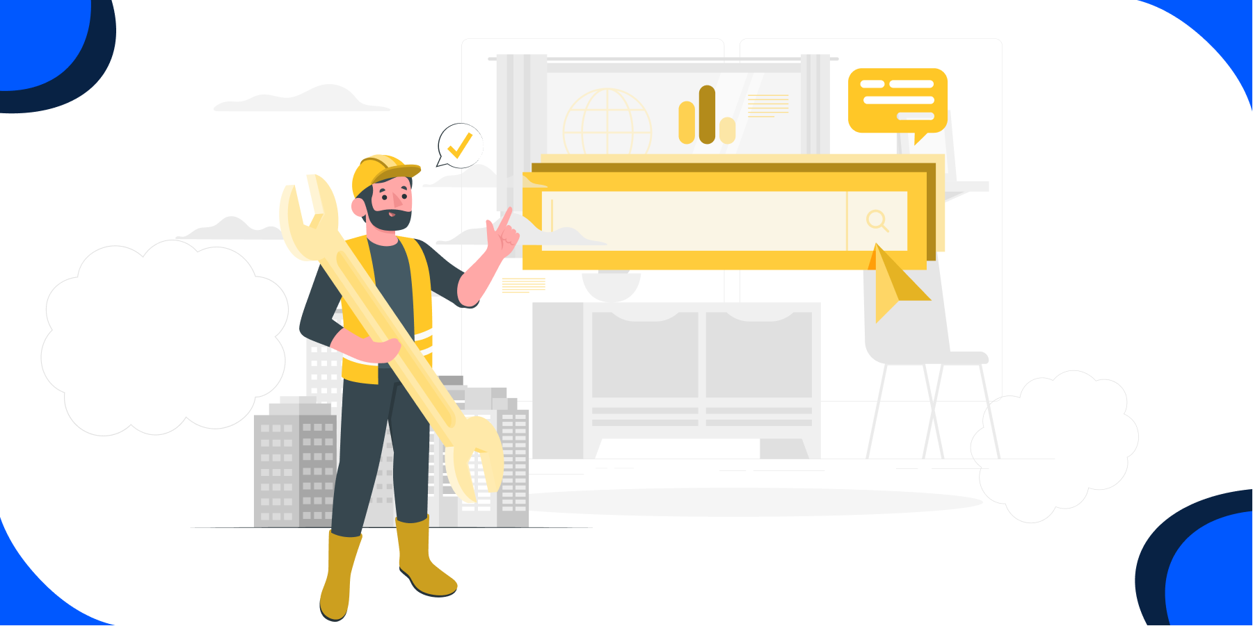 Illustration of a man holding a wrench, standing behind buildings pointing a web page and search bar.
