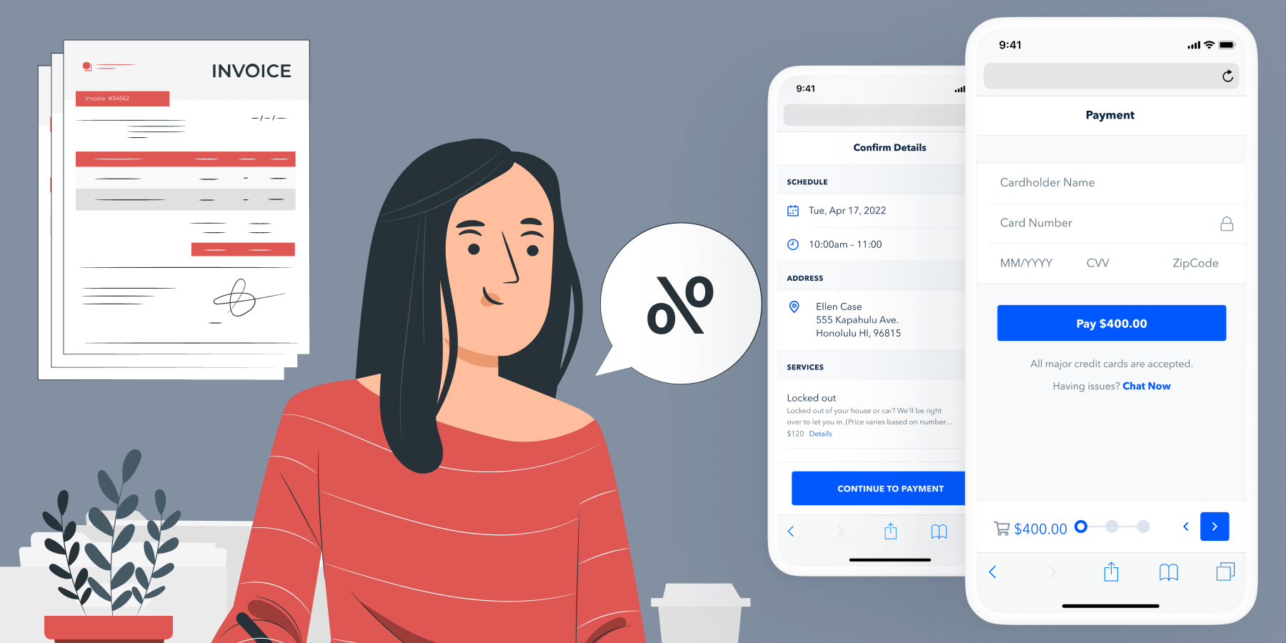 Illustration of a woman beside her is a payment app and invoice templates. 