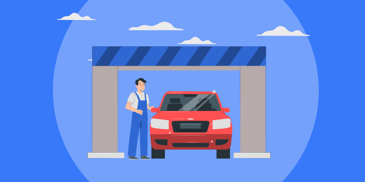 Illustration of man beside a car in an automobile repair shop.