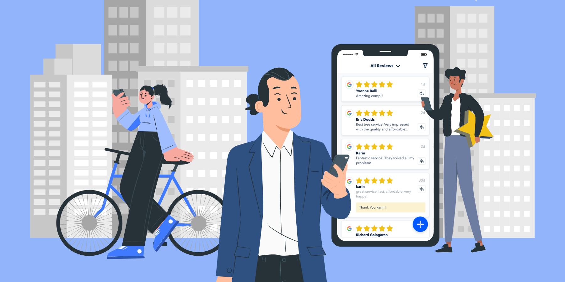 Illustration of a man holding a phone, behind him is a woman standing in front or a bicycle and a man standing in front of a phone illustration with review app opened. 
