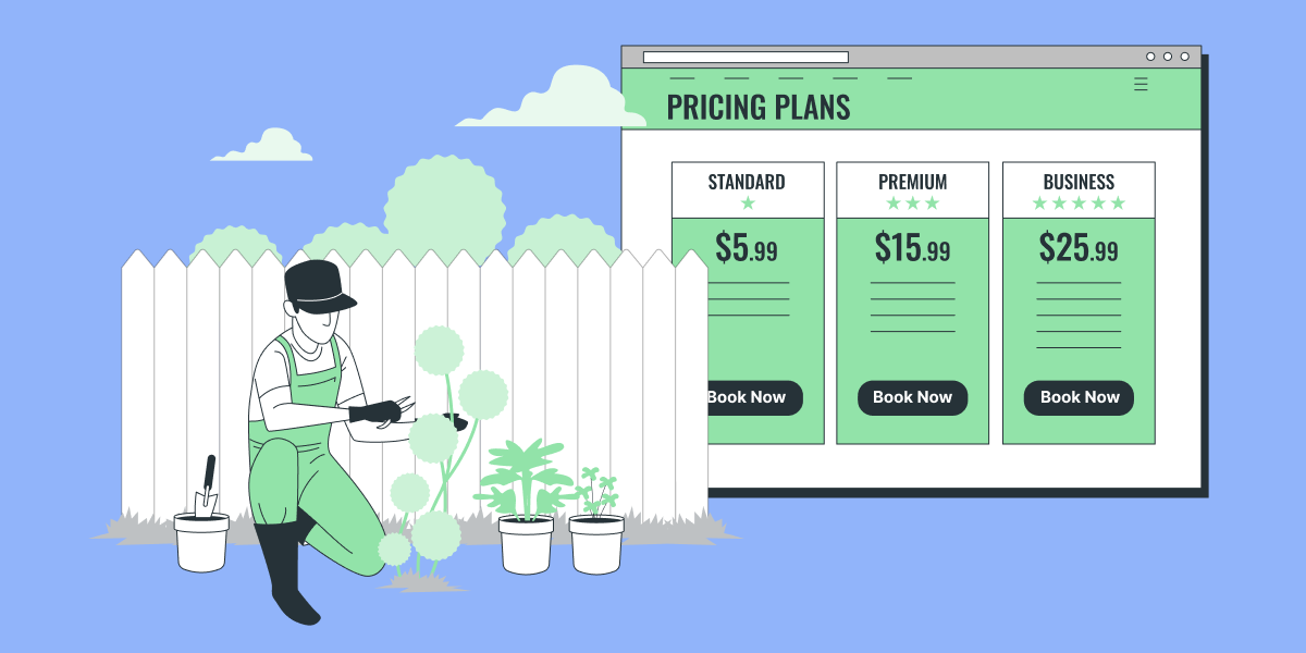 Illustration of a landscaper beside a pricing table.