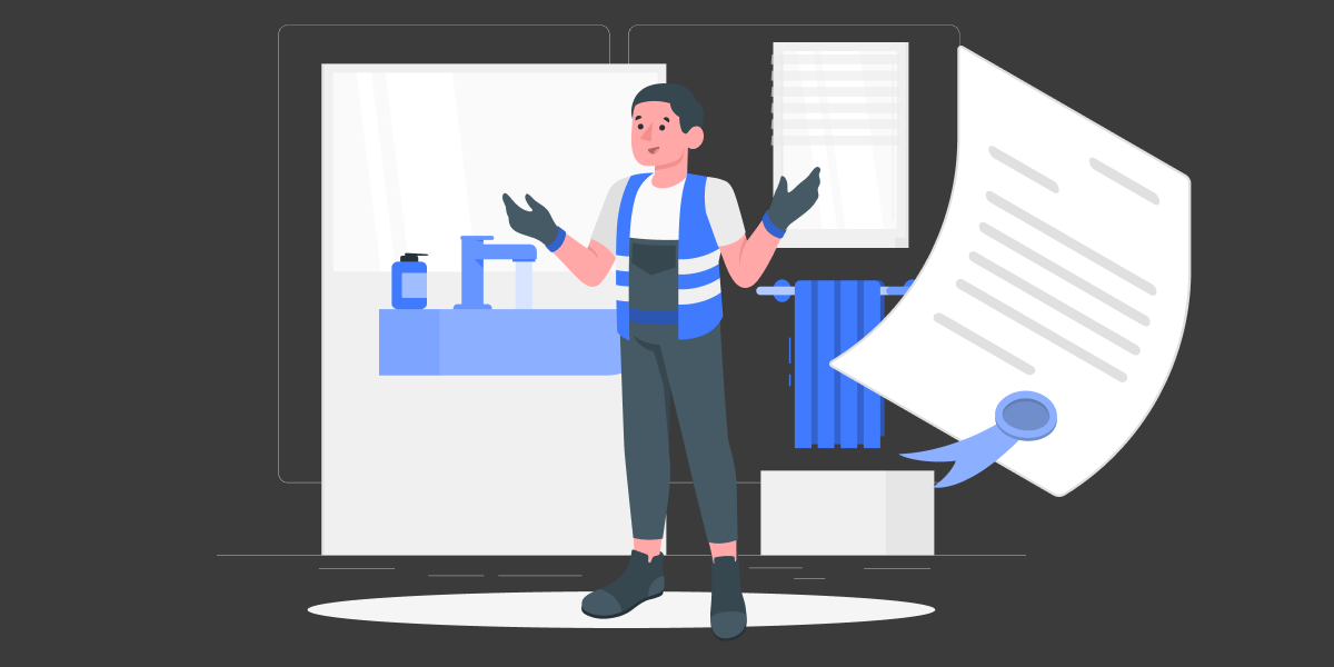 Illustration of a Plumber with a bathroom background and certificate beside him. 