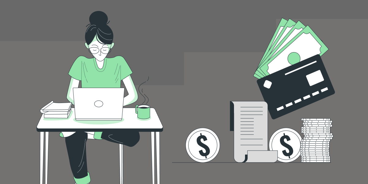 Illustration of a woman working on the laptop and illustration of money, invoices, and coins