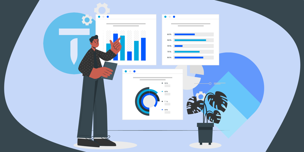 Illustration of a man holding a tablet, presenting data through vertical, horizontal and donut-pie graphs. 