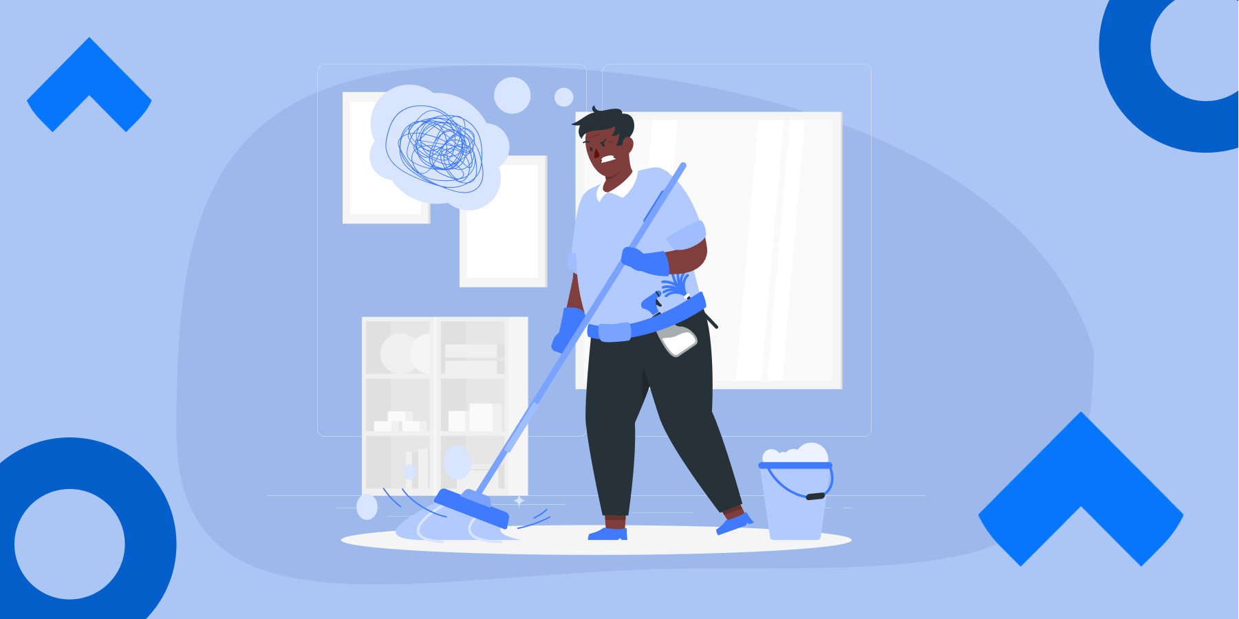 Illustration of a man holding a map and cleaning. 
